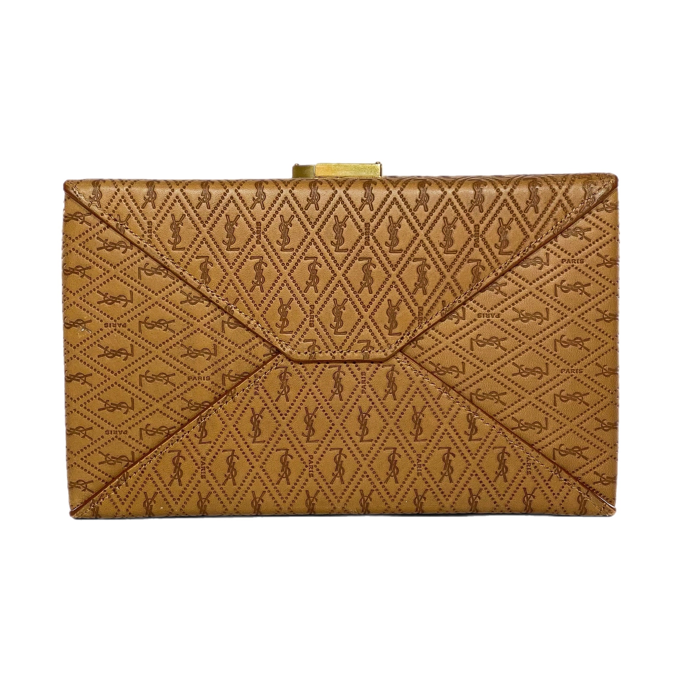 YSL Dusty Vintage Brown Gold Logo Take Away Box Clutch