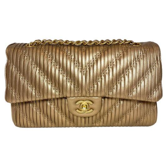 Chanel Gold Metallic Plisse Medium Double Flap Bag