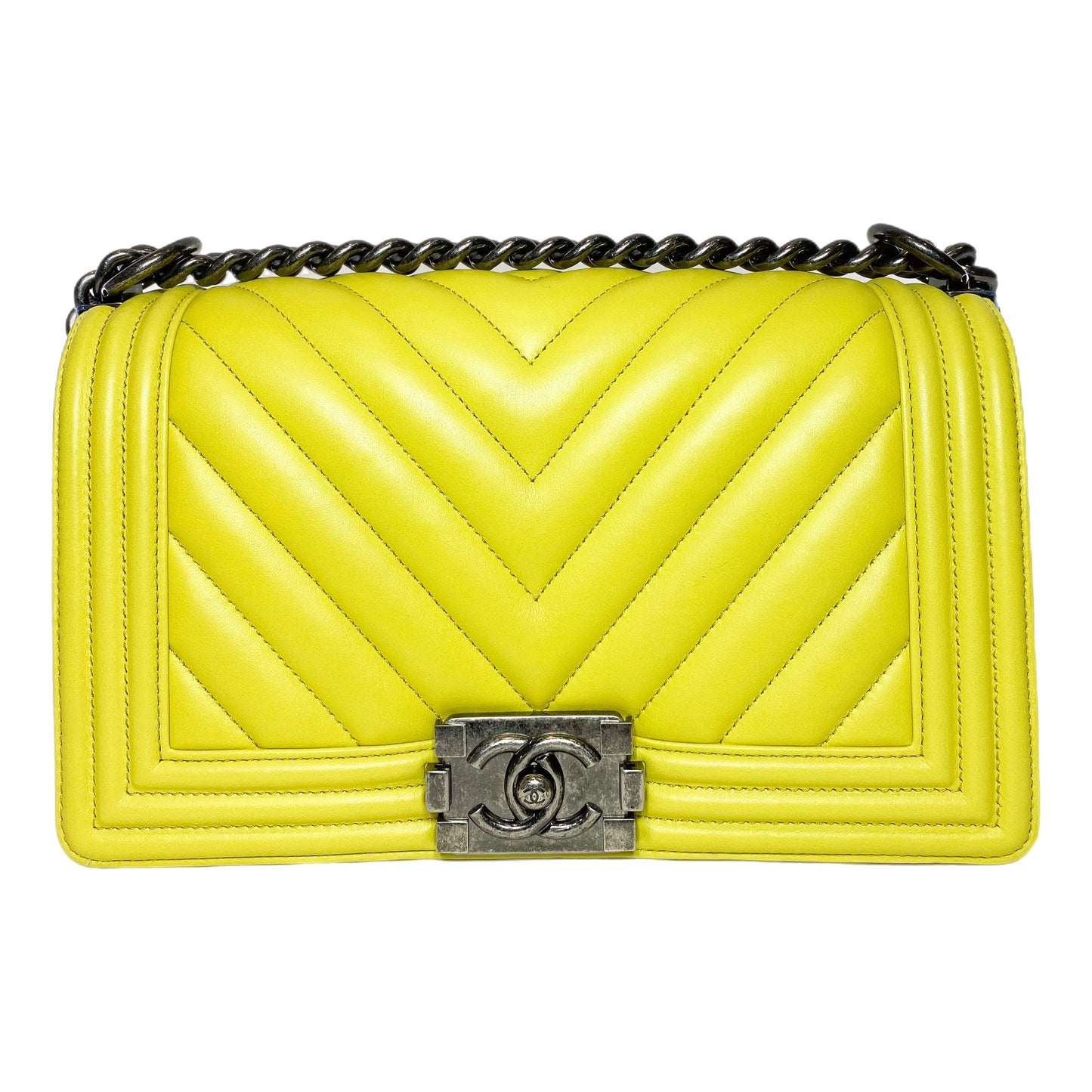 Chanel Chartreuse Old Medium Chevron Boy Bag