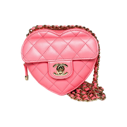 Chanel Pink CC In Love Heart Clutch with Chain