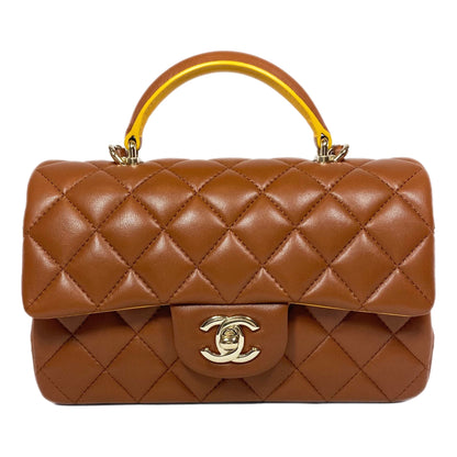 Chanel Quilted Lambskin Brown and Yellow Mini Top Handle Flap Bag