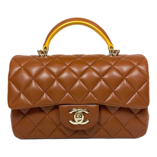 Chanel Quilted Lambskin Brown and Yellow Mini Top Handle Flap Bag