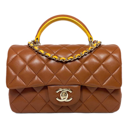 Chanel Quilted Lambskin Brown and Yellow Mini Top Handle Flap Bag