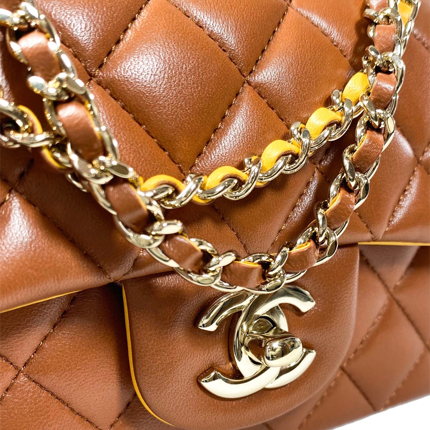 Chanel Quilted Lambskin Brown and Yellow Mini Top Handle Flap Bag