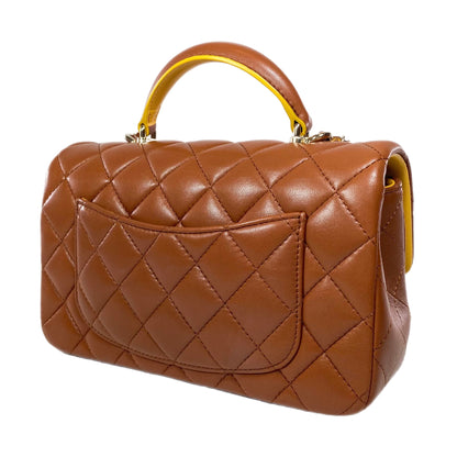 Chanel Quilted Lambskin Brown and Yellow Mini Top Handle Flap Bag
