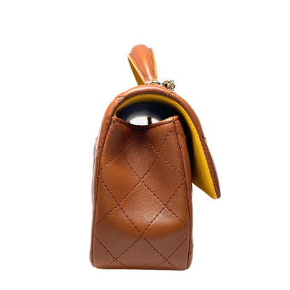 Chanel Quilted Lambskin Brown and Yellow Mini Top Handle Flap Bag