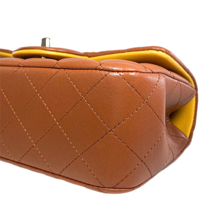 Chanel Quilted Lambskin Brown and Yellow Mini Top Handle Flap Bag