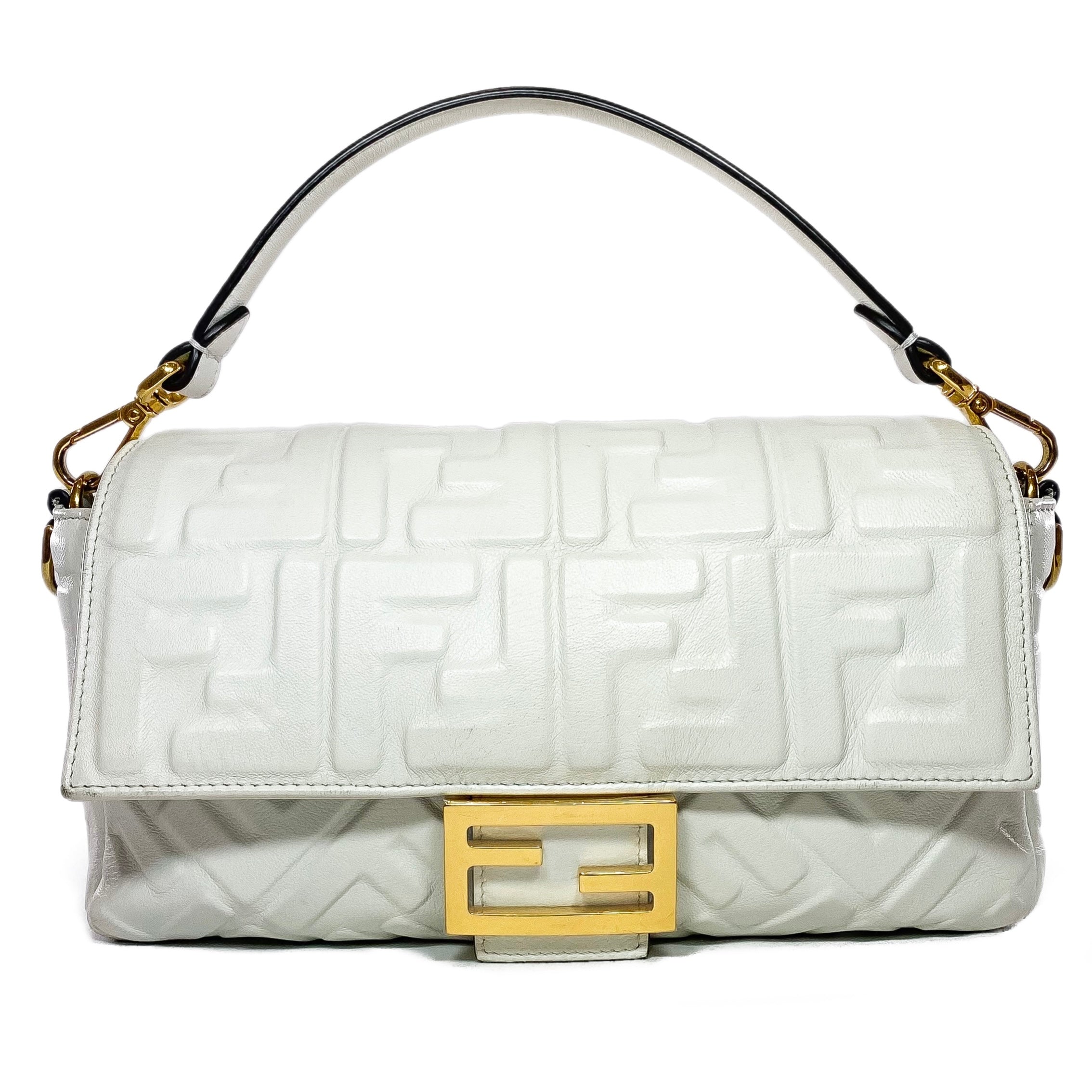 Fendi White Logo Embossed Baguette