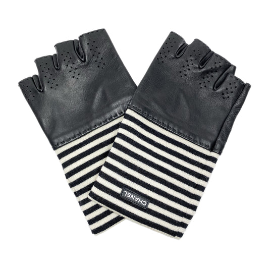 Chanel Black White Striped Fingerless Gloves