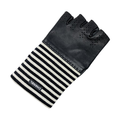 Chanel Black White Striped Fingerless Gloves