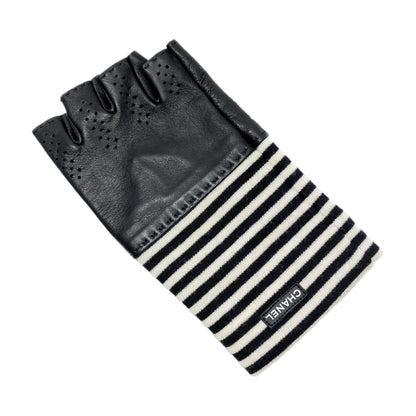 Chanel Black White Striped Fingerless Gloves