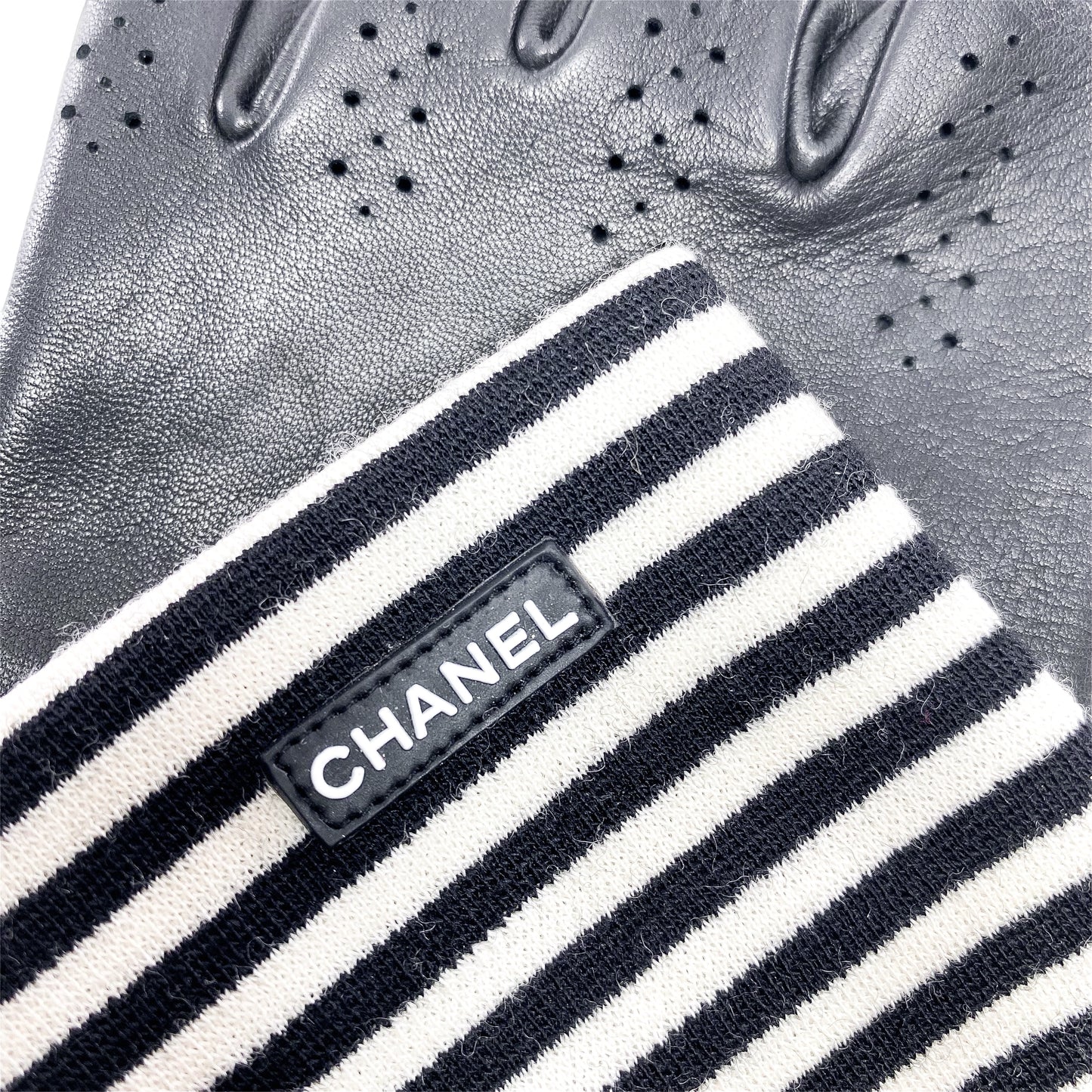 Chanel Black White Striped Fingerless Gloves