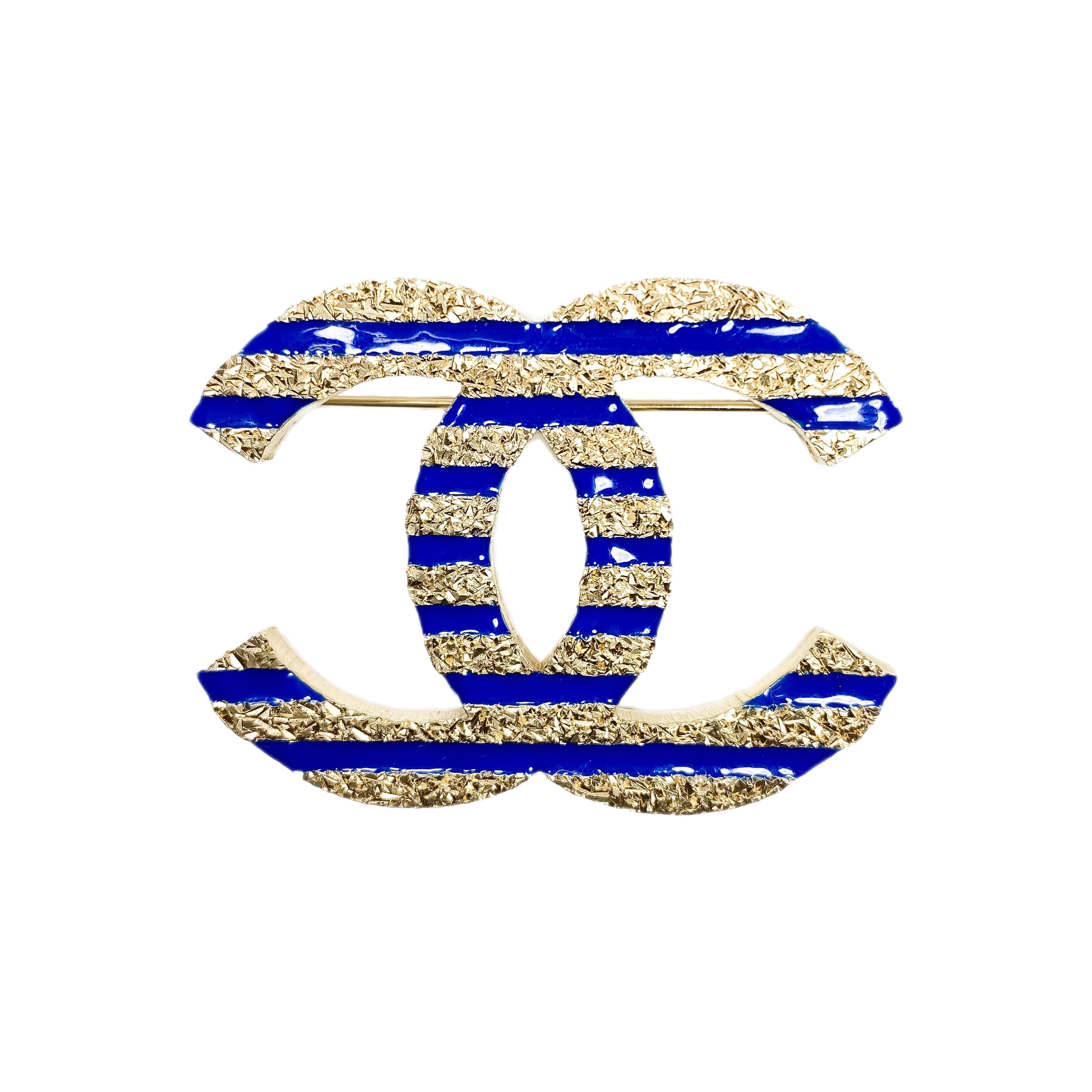 Chanel Blue Gold Striped CC Brooch
