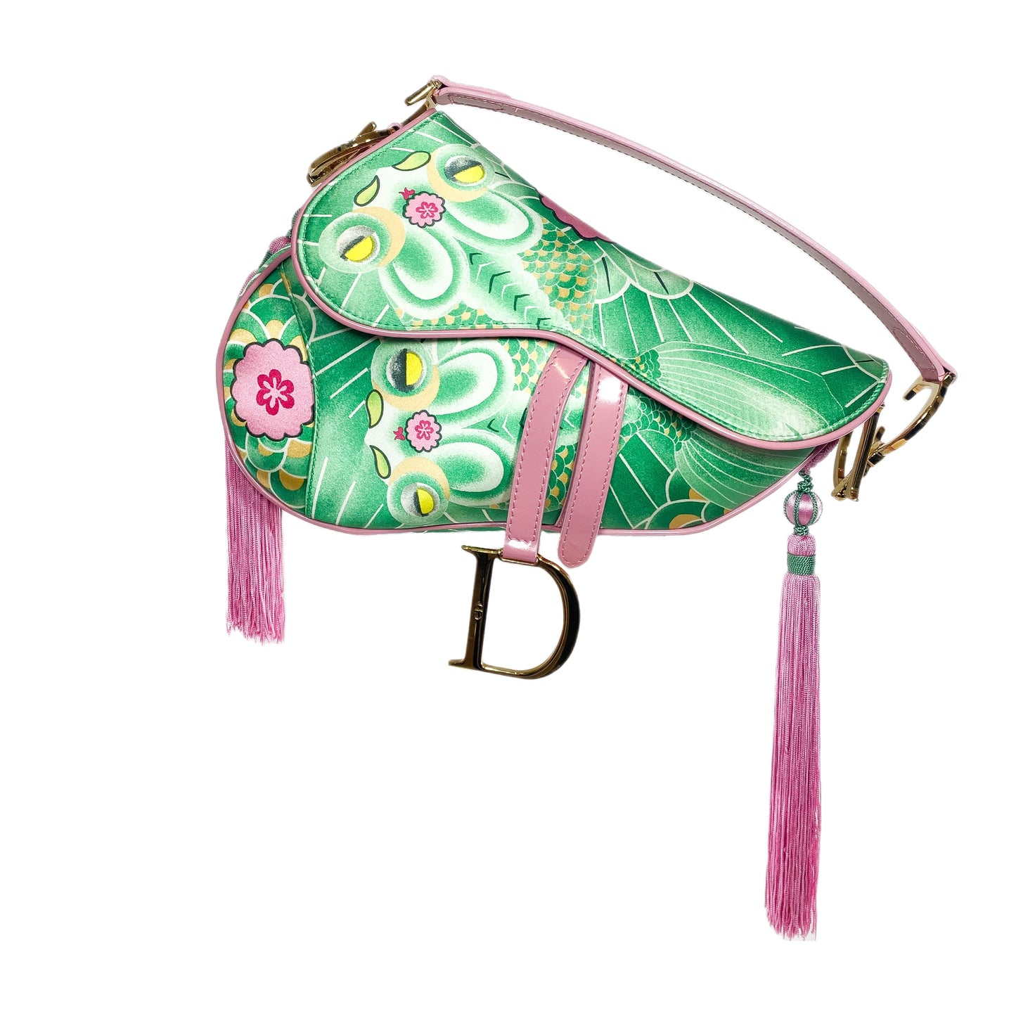 Dior Green Pink Satin Tassel Koi Saddle Bag