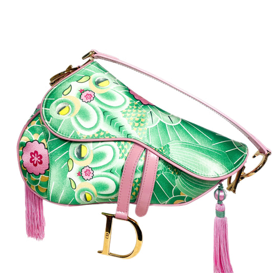Dior Green Pink Satin Tassel Koi Saddle Bag