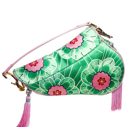 Dior Green Pink Satin Tassel Koi Saddle Bag