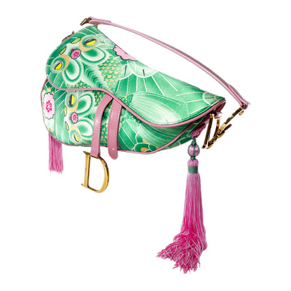 Dior Green Pink Satin Tassel Koi Saddle Bag