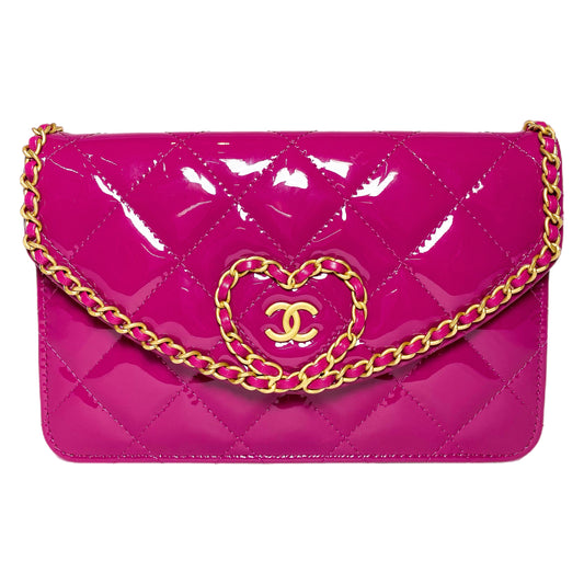 Chanel Fuchsia Patent Chain Heart Wallet on Chain