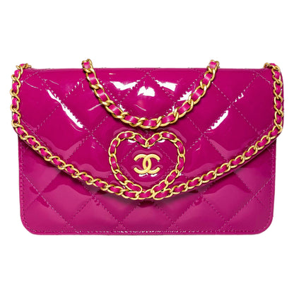 Chanel Fuchsia Patent Chain Heart Wallet on Chain