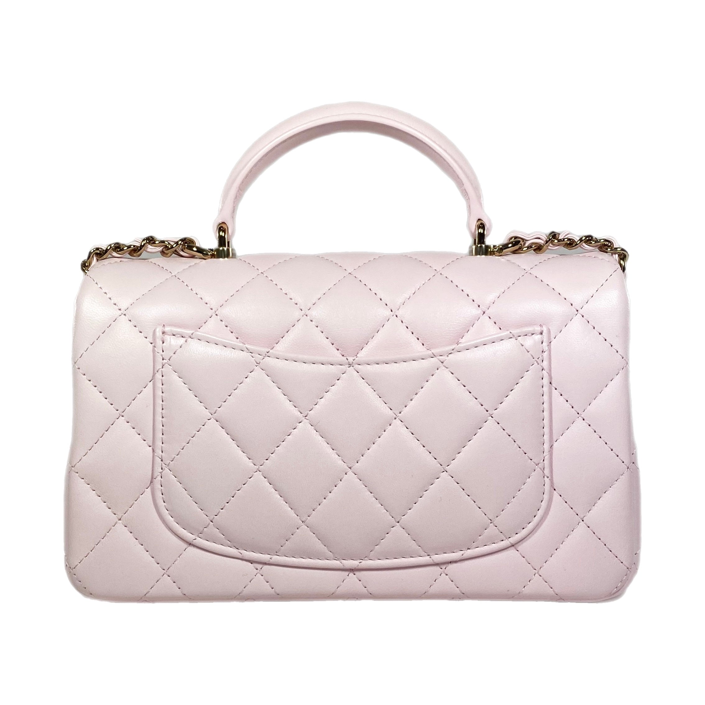 23P Pink Lambskin Quilted Mini Top Handle Light Gold Hardware