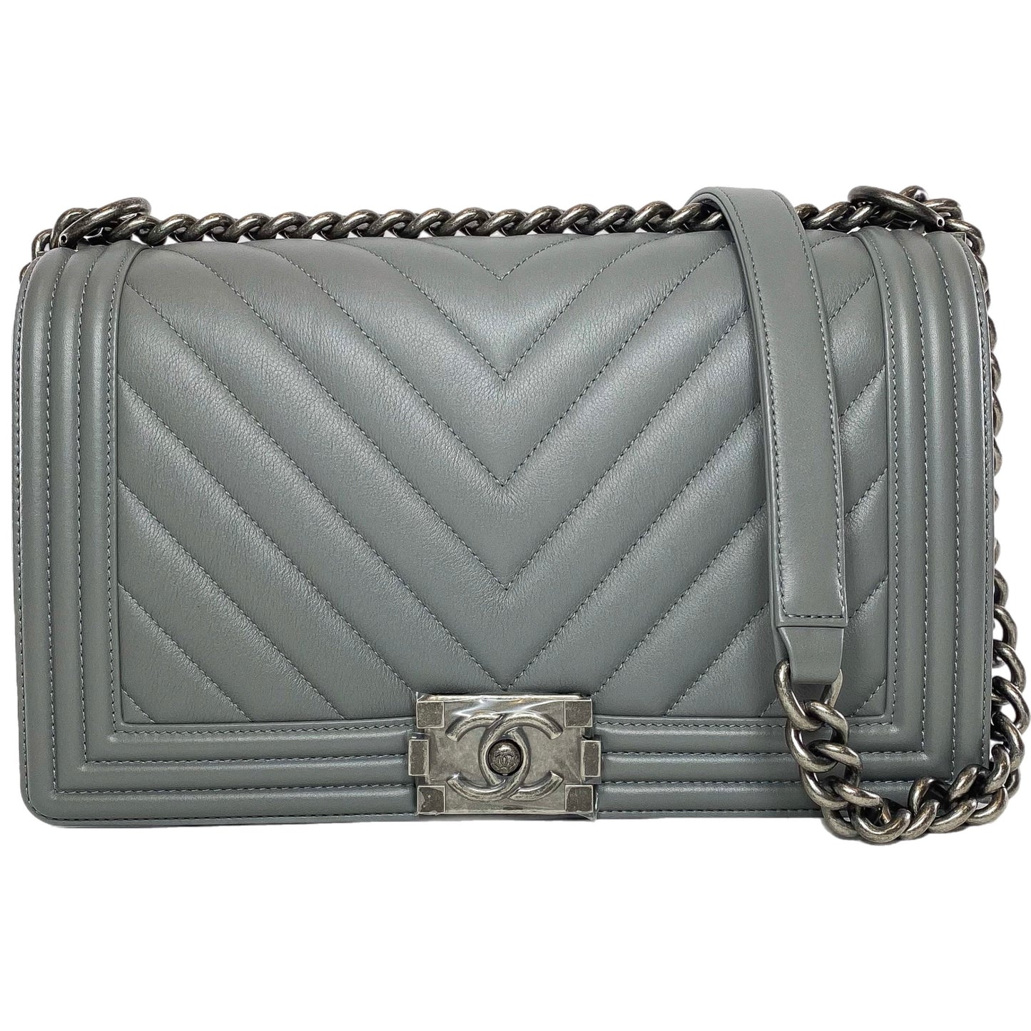Chanel Gray New Medium Chevron Boy Bag