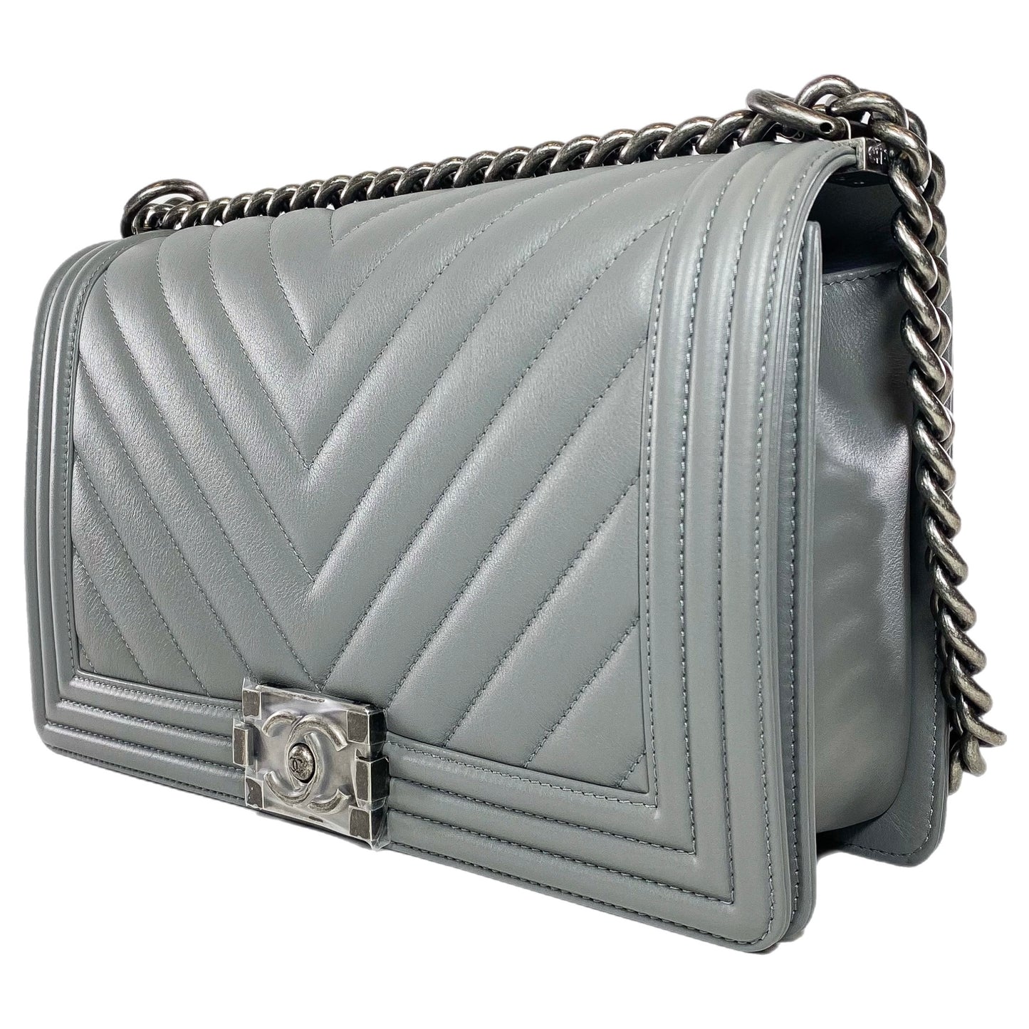 Chanel Gray New Medium Chevron Boy Bag
