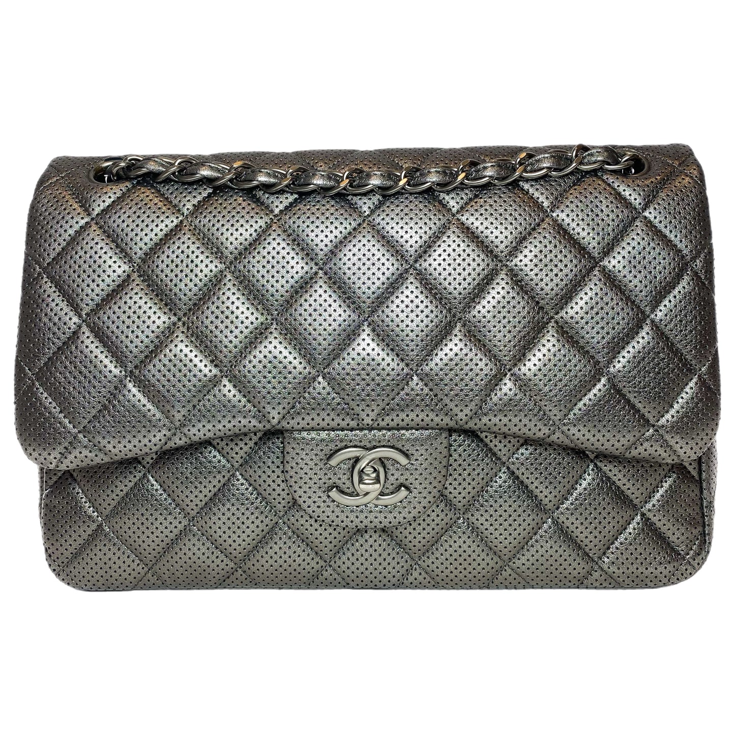 Chanel Dark Silver Perforated Jumbo Double Flap Bag