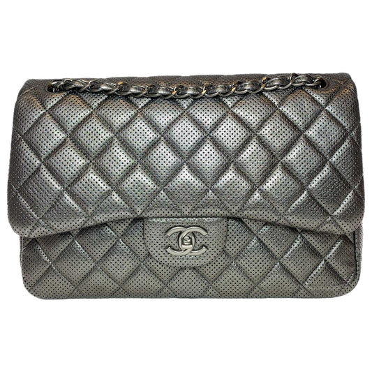 Chanel Dark Silver Perforated Jumbo Double Flap Bag