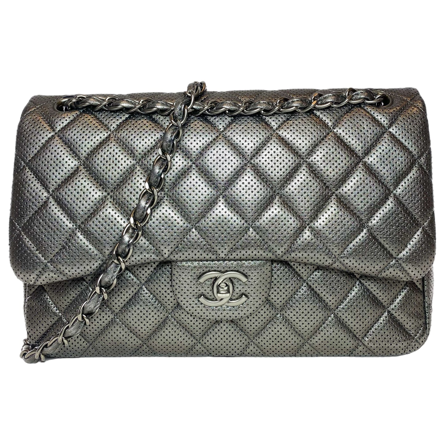 Chanel Dark Silver Perforated Jumbo Double Flap Bag
