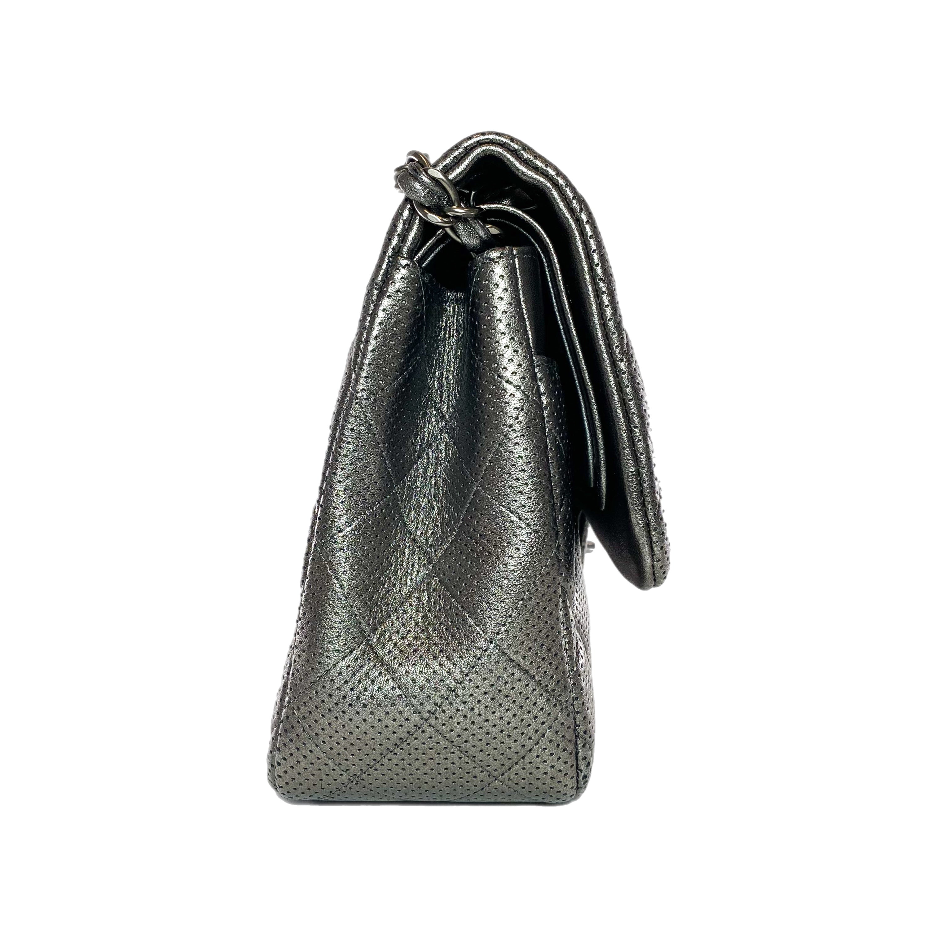 Chanel Dark Silver Perforated Jumbo Double Flap Bag – Consign of