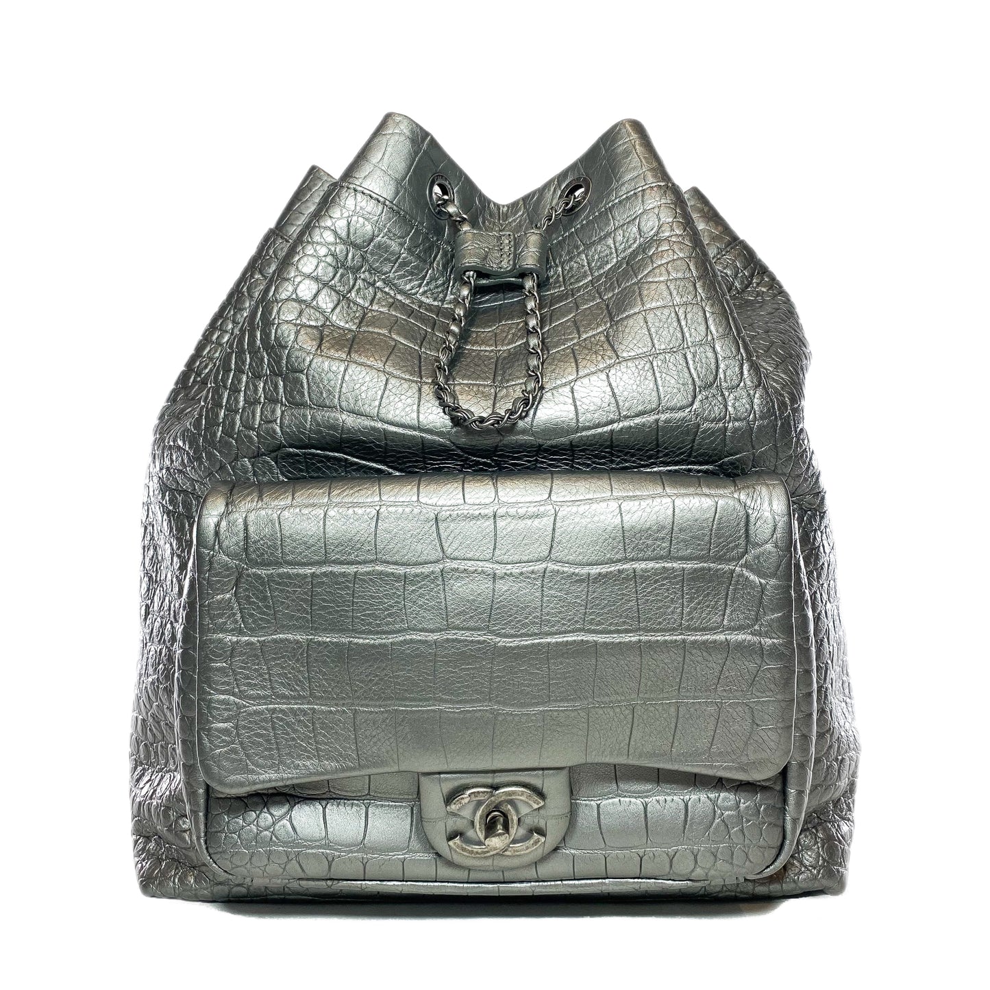 Chanel Silver Metallic Calfskin Crocodile Embossed Backpack