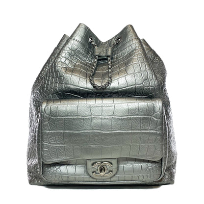 Chanel Silver Metallic Calfskin Crocodile Embossed Backpack