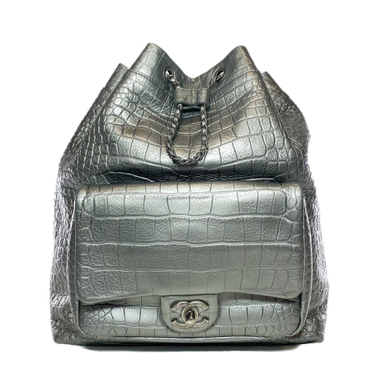 Chanel Silver Metallic Calfskin Crocodile Embossed Backpack