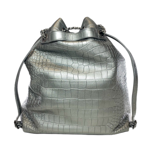 Chanel Silver Metallic Calfskin Crocodile Embossed Backpack