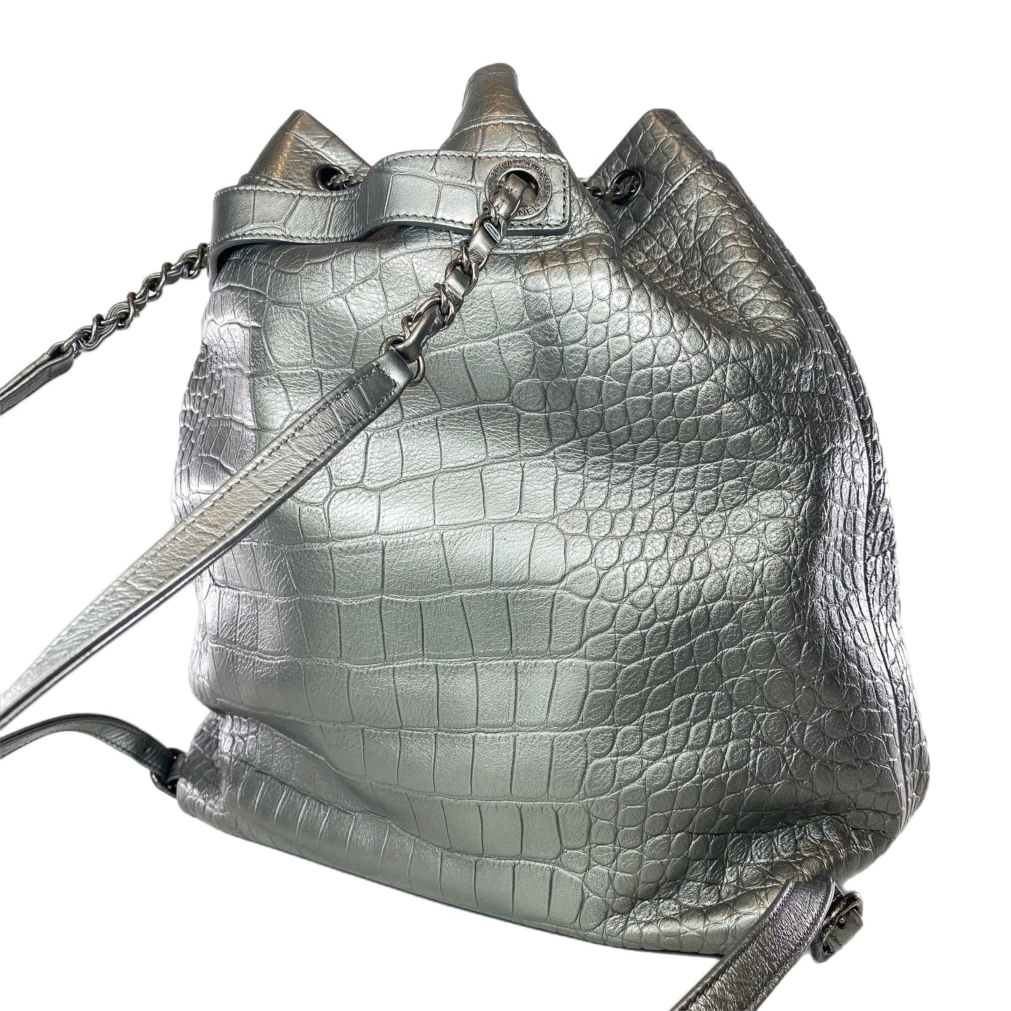 Chanel Silver Metallic Calfskin Crocodile Embossed Backpack