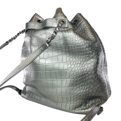 Chanel Silver Metallic Calfskin Crocodile Embossed Backpack