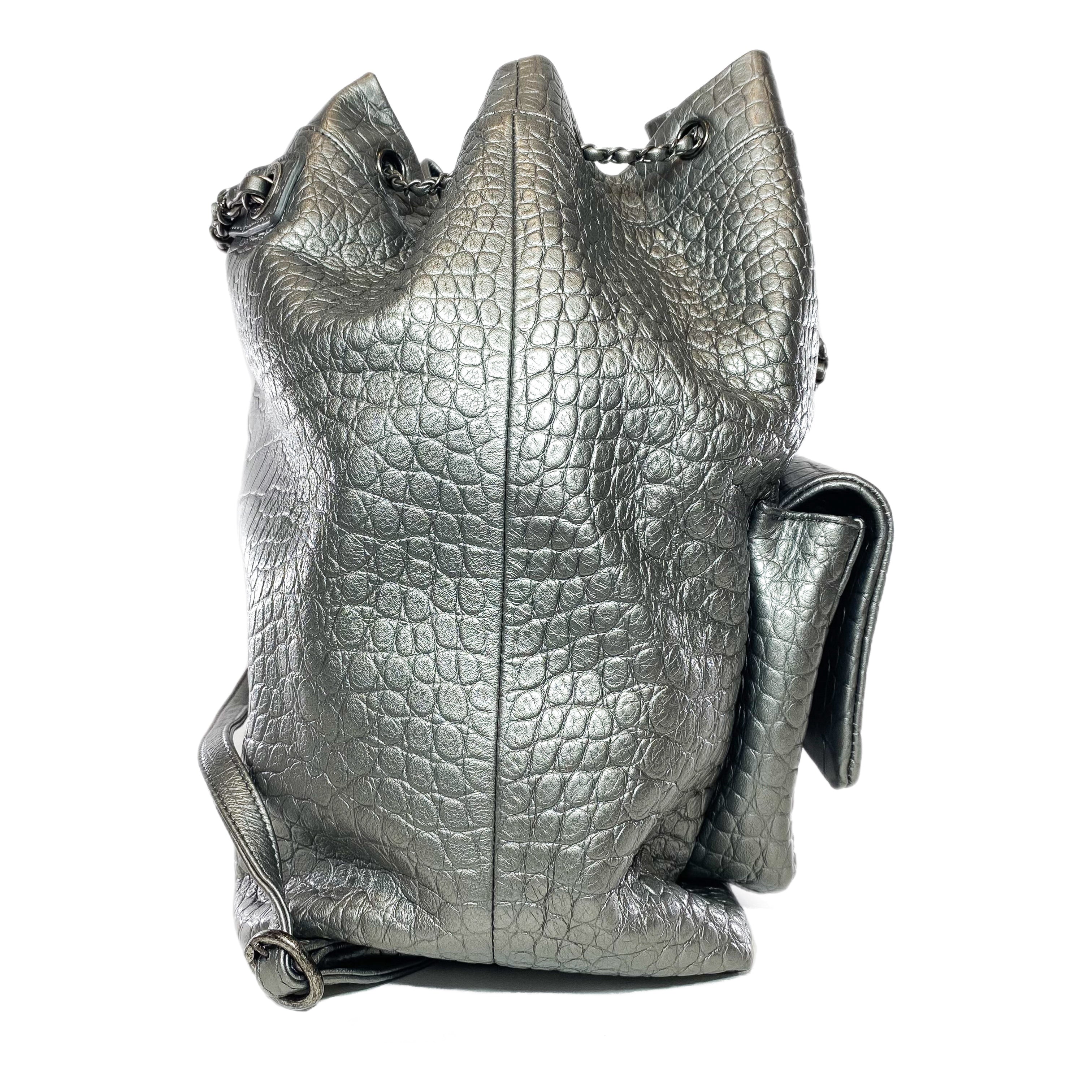 Chanel Silver Metallic Calfskin Crocodile Embossed Backpack