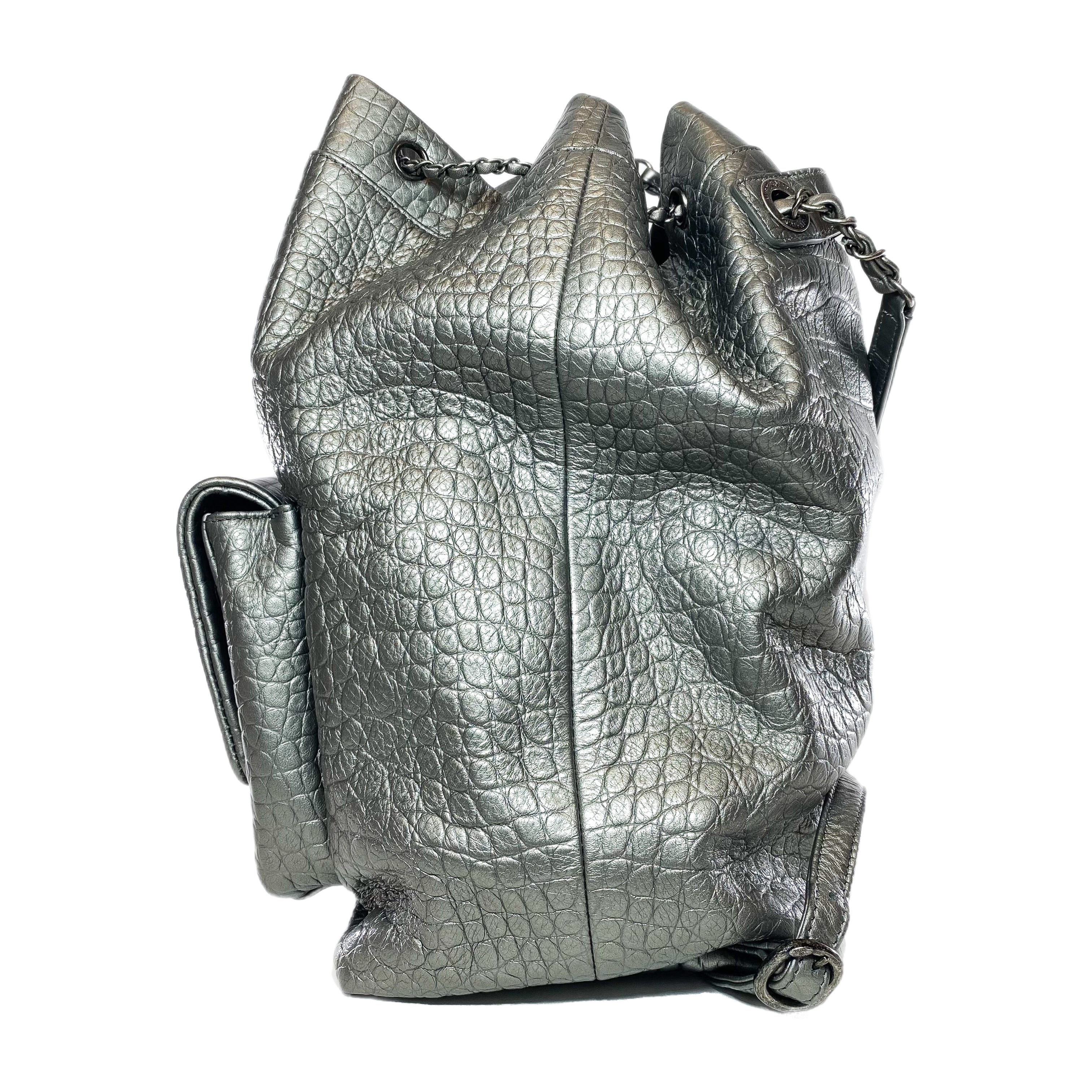 Chanel Silver Metallic Calfskin Crocodile Embossed Backpack