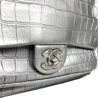 Chanel Silver Metallic Calfskin Crocodile Embossed Backpack