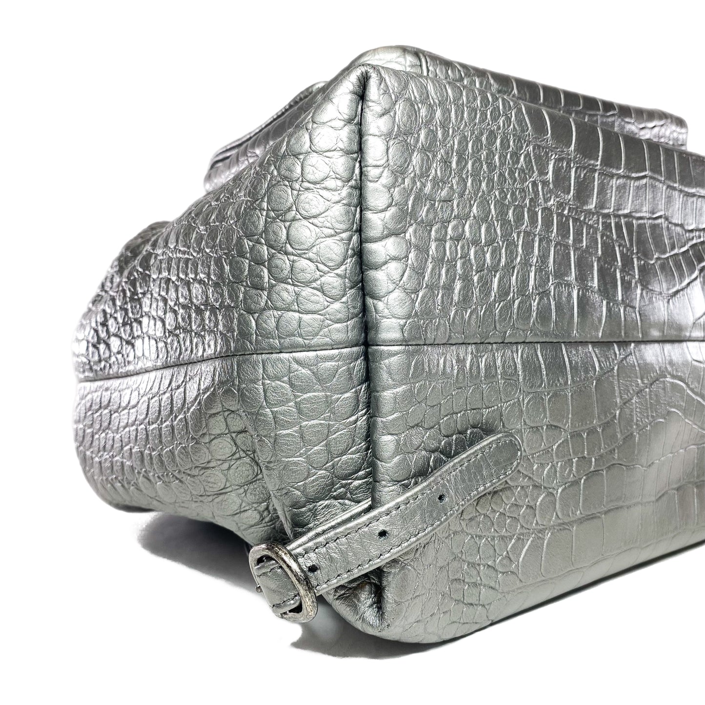 Chanel Silver Metallic Calfskin Crocodile Embossed Backpack