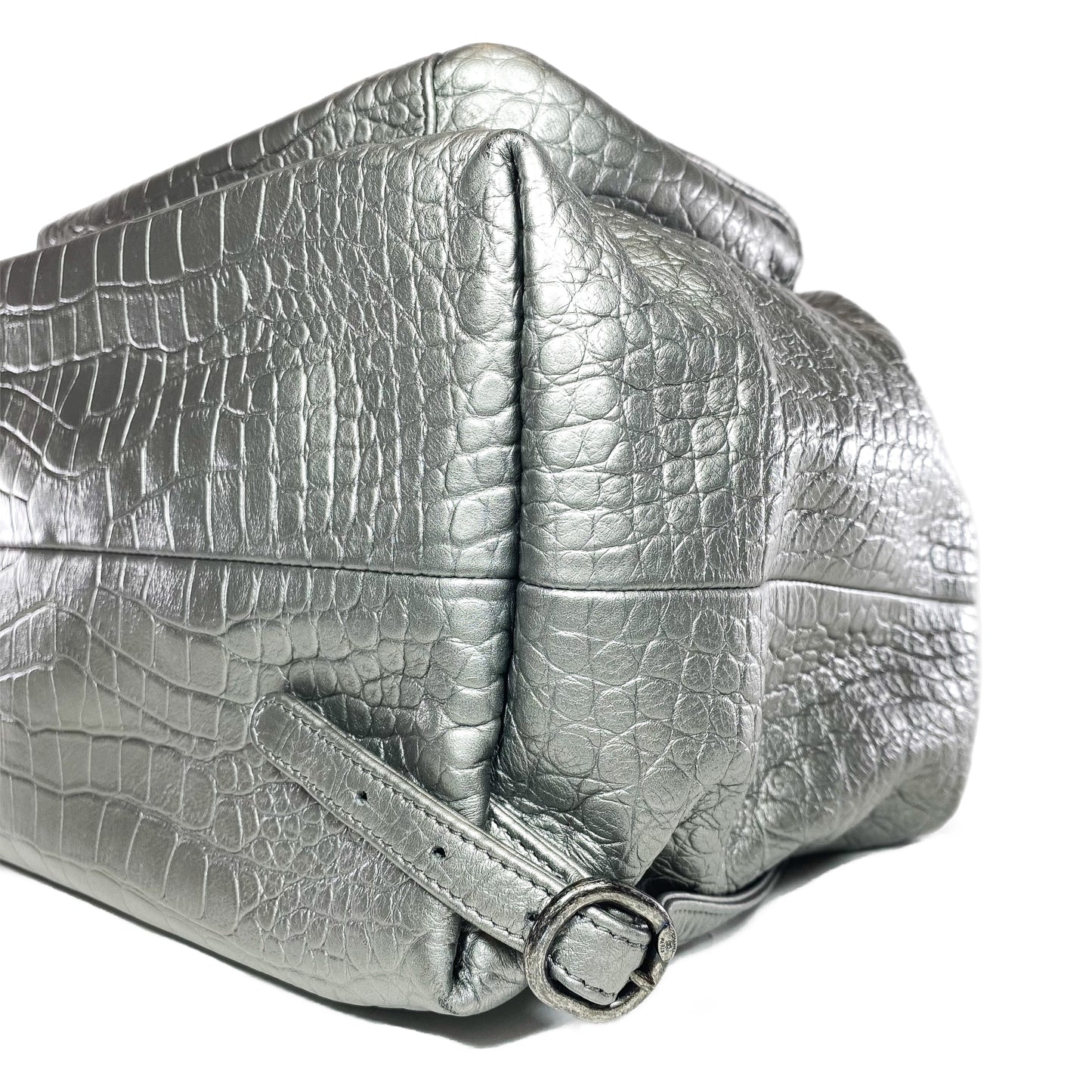 Chanel Silver Metallic Calfskin Crocodile Embossed Backpack