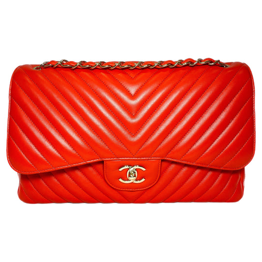 Chanel Red Jumbo Chevron Double Flap Bag