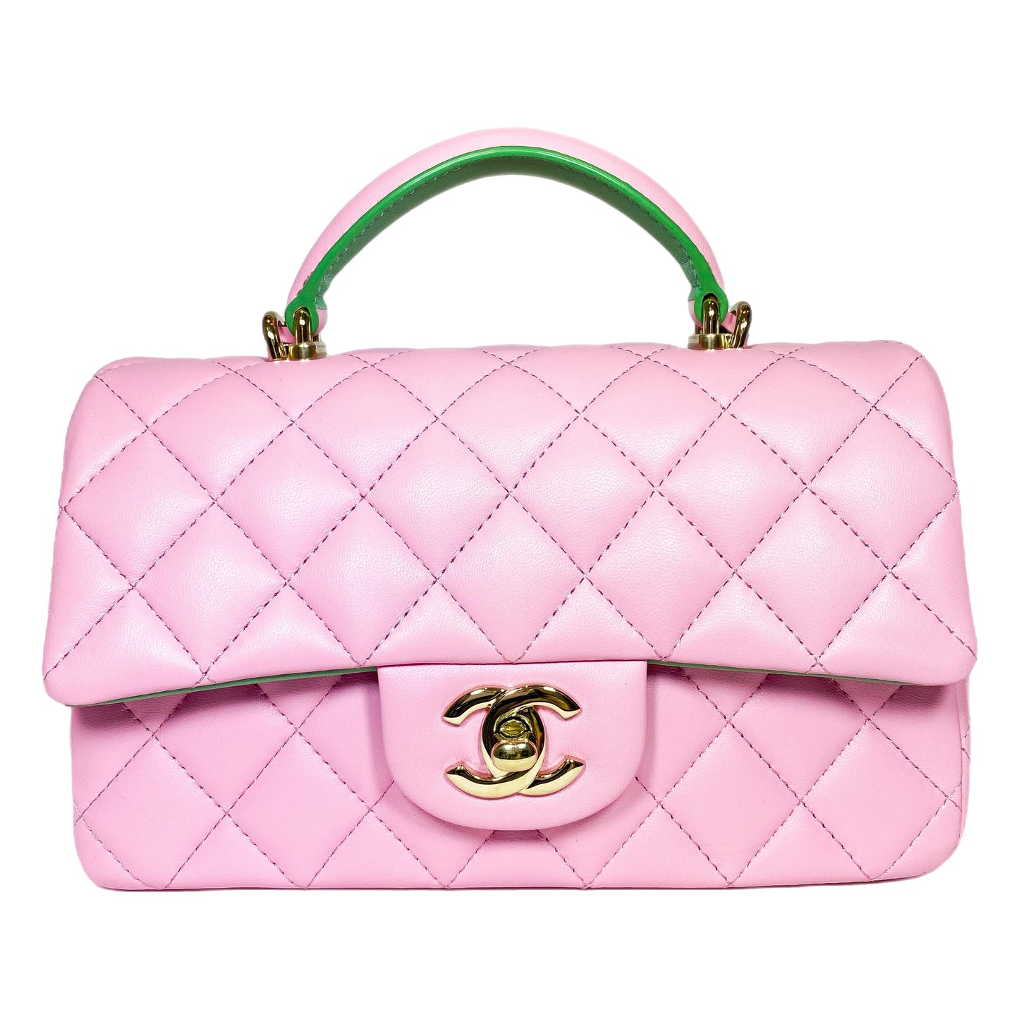 Chanel Pink Green Mini Top Handle Flap Bag