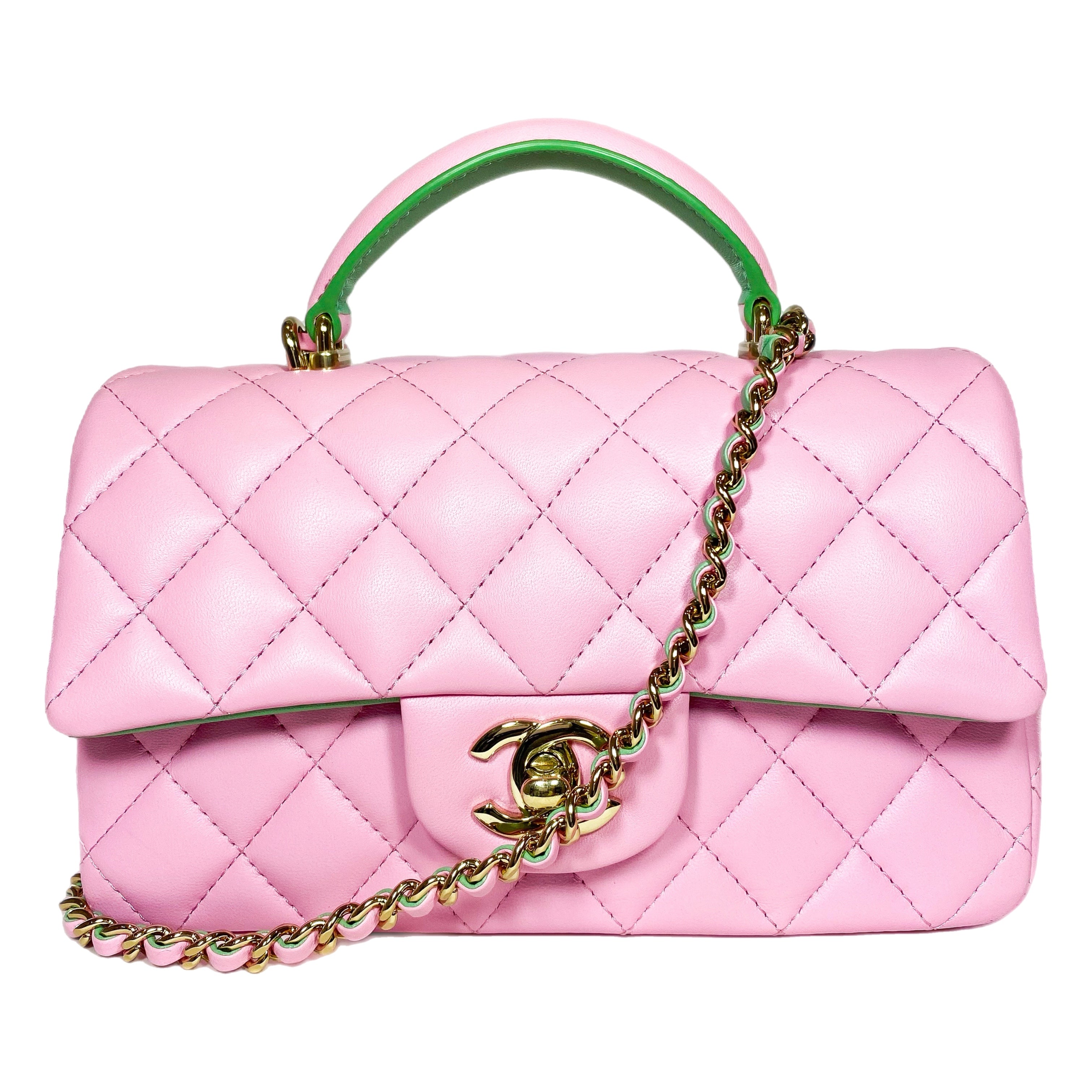 [CHANEL]★New MINI TOP HANDLE Handbag★Pink Chanel Dark Pink Lambskin Rectangular Mini Flap Bag Top