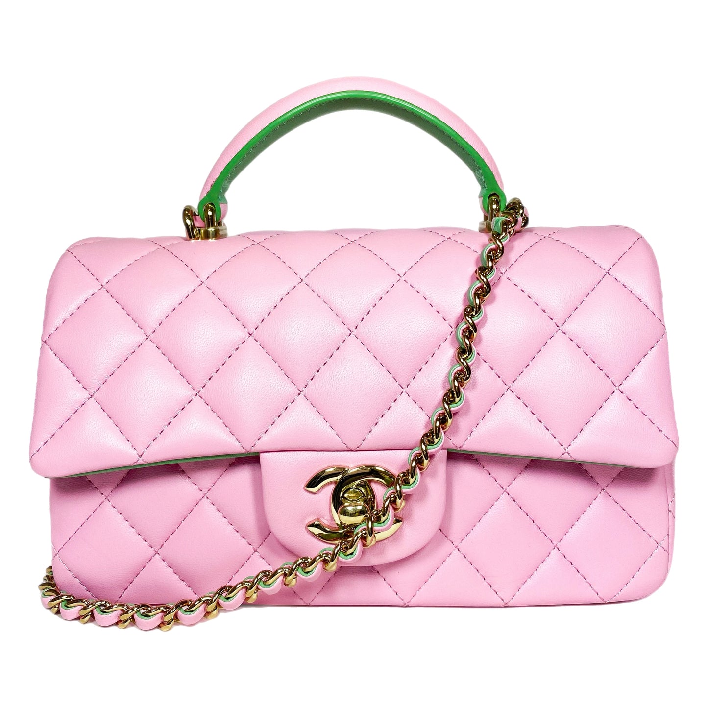 Chanel Pink Green Mini Top Handle Flap Bag