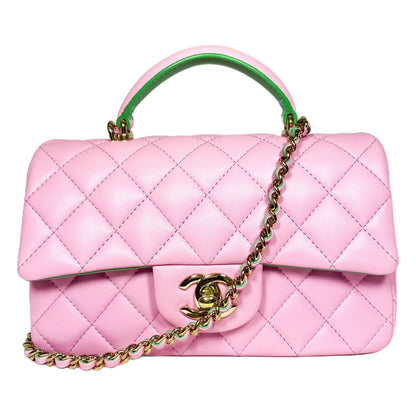 Chanel Pink Green Mini Top Handle Flap Bag