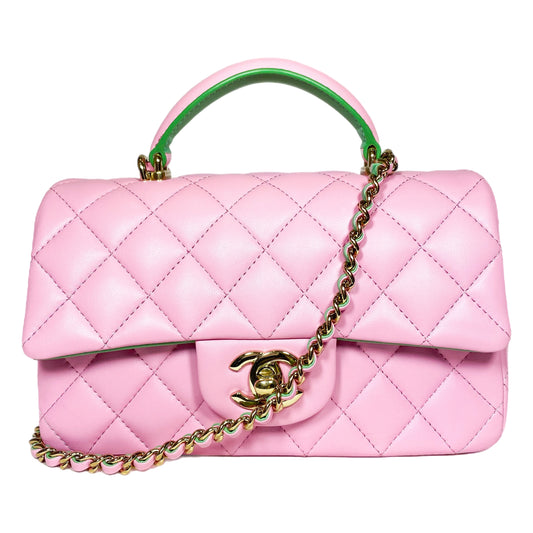 Chanel Pink Green Mini Top Handle Flap Bag