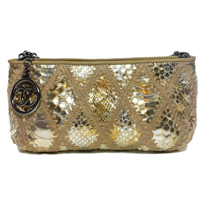 Chanel Gold Beige Crochet Snakeskin Chain Pochette