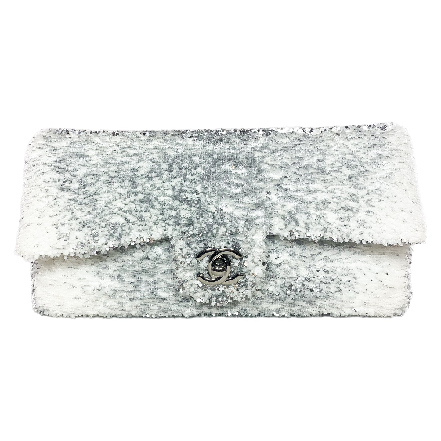 Chanel White Silver Sequin Flap Bag