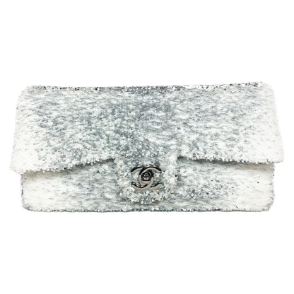 Chanel White Silver Sequin Flap Bag